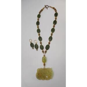 NEPHRITE JADE Necklace & Earrings w Antique Mutton Fat Pendant 12"